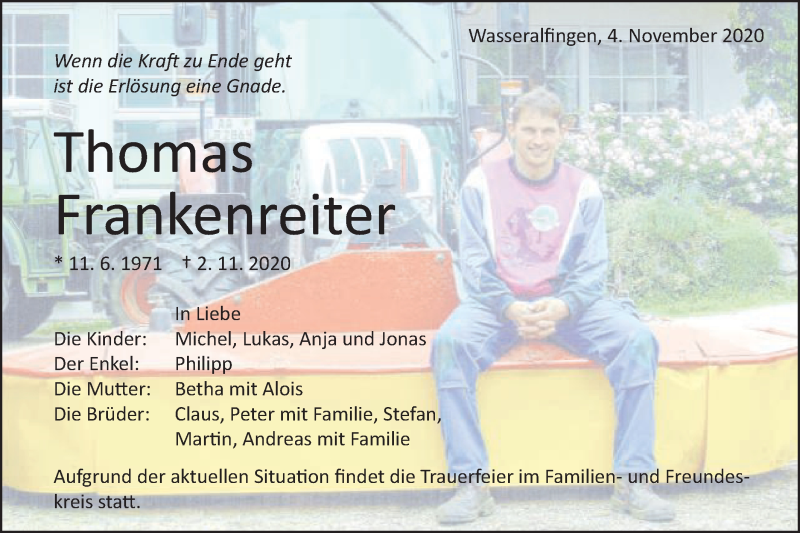  Traueranzeige für Thomas Frankenreiter vom 04.11.2020 aus Schwäbische Post