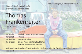 Traueranzeige von Thomas Frankenreiter von Schwäbische Post