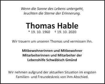 Traueranzeige von Thomas Hable von Gmünder Tagespost