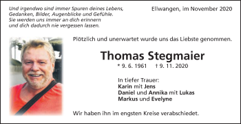 Traueranzeige von Thomas Stegmaier von Schwäbische Post