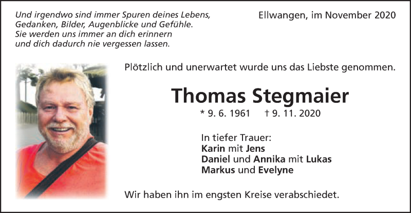  Traueranzeige für Thomas Stegmaier vom 20.11.2020 aus Schwäbische Post