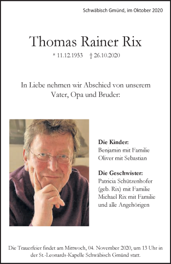 Traueranzeige von Thomas Rainer Rix von Schwäbische Post