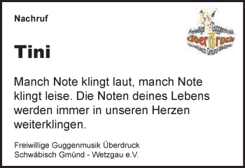 Traueranzeige von Tini  von Gmünder Tagespost