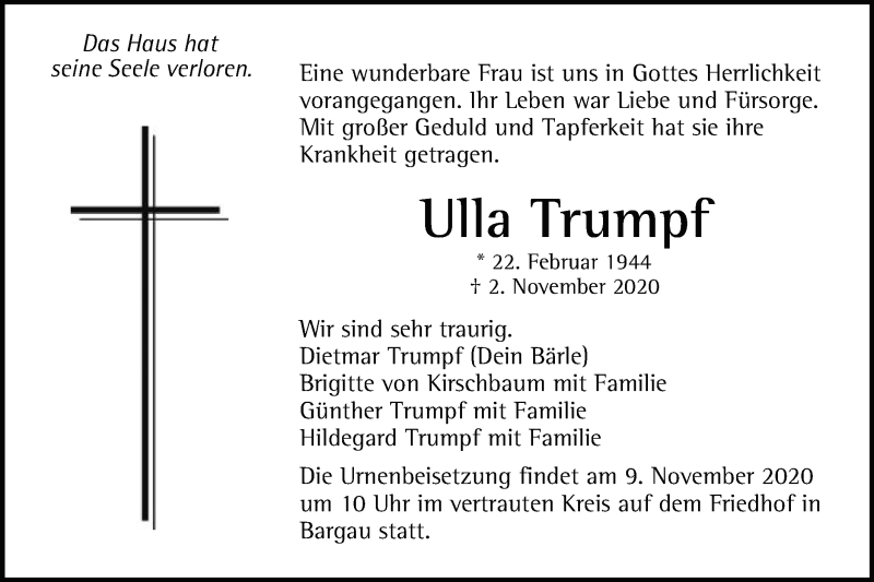  Traueranzeige für Ulla Trumpf vom 04.11.2020 aus Gmünder Tagespost
