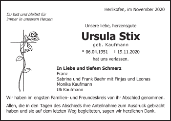 Traueranzeige von Ursula Stix von Gmünder Tagespost