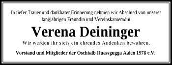 Traueranzeige von Verena Deininger von Schwäbische Post