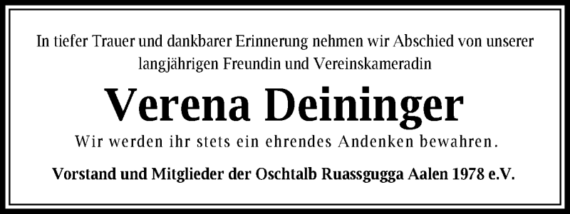  Traueranzeige für Verena Deininger vom 03.11.2020 aus Schwäbische Post