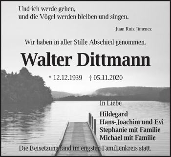 Traueranzeige von Walter Dittmann von Schwäbische Post