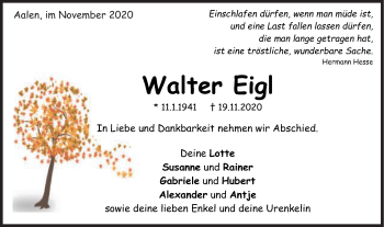 Traueranzeige von Walter Eigl von Schwäbische Post