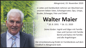 Traueranzeige von Walter Maier von Schwäbische Post