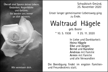 Traueranzeige von Waltraud Hägele von Gmünder Tagespost