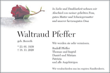 Traueranzeige von Waltraud Pfeffer von Schwäbische Post