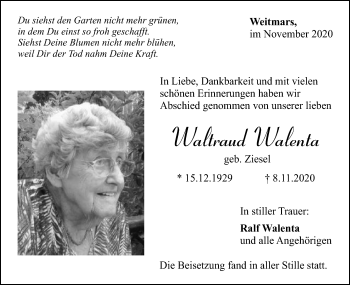 Traueranzeige von Waltraud Walenta von Gmünder Tagespost