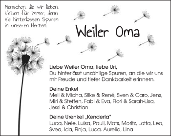 Traueranzeige von Weiler Oma  von Schwäbische Post
