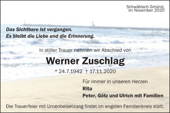 Traueranzeige von Werner Zuschlag von Gmünder Tagespost