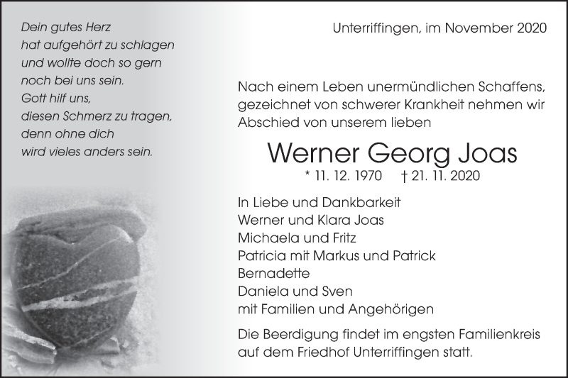  Traueranzeige für Werner Georg Joas vom 23.11.2020 aus Schwäbische Post