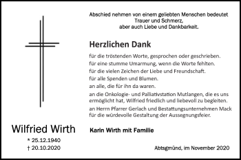 Traueranzeige von Wilfried Wirth von Schwäbische Post