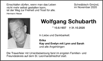 Traueranzeige von Wolfgang Schubarth von Gmünder Tagespost