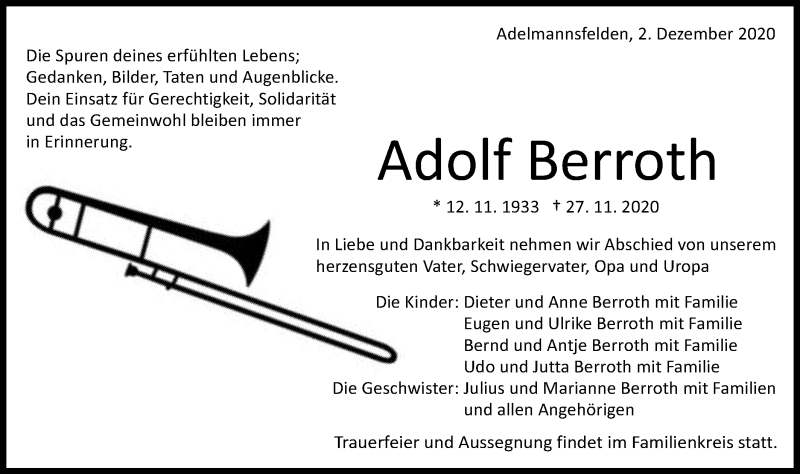  Traueranzeige für Adolf Berroth vom 02.12.2020 aus Schwäbische Post