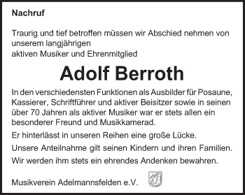 Traueranzeige von Adolf Berroth von Schwäbische Post