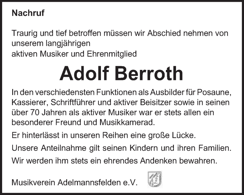  Traueranzeige für Adolf Berroth vom 02.12.2020 aus Schwäbische Post