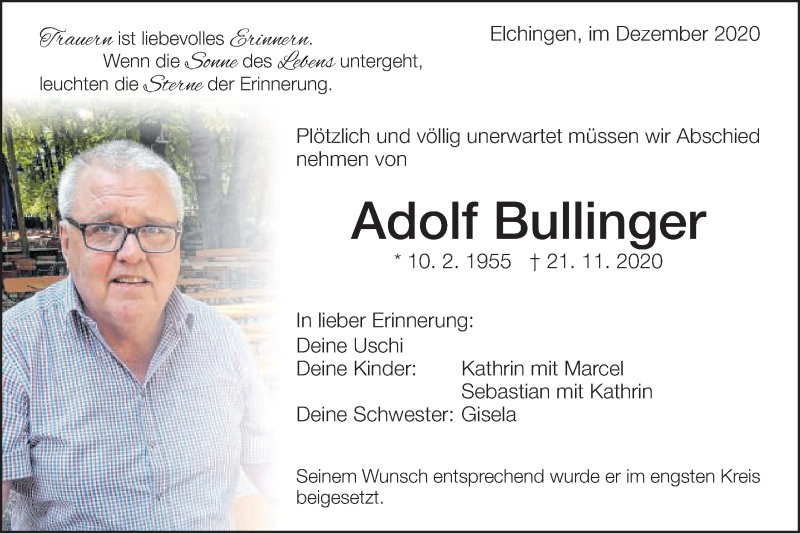  Traueranzeige für Adolf Bullinger vom 03.12.2020 aus Schwäbische Post