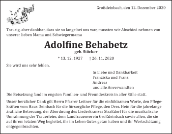 Traueranzeige von Adolfine Behabetz von Gmünder Tagespost