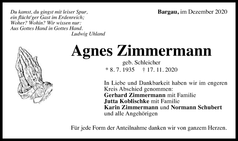  Traueranzeige für Agnes Zimmermann vom 12.12.2020 aus Gmünder Tagespost