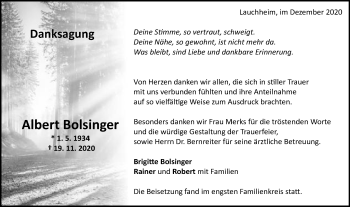 Traueranzeige von Albert Bolsinger von Schwäbische Post