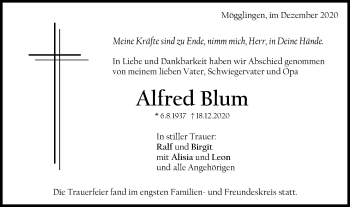 Traueranzeige von Alfred Blum von Gmünder Tagespost