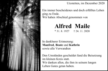 Traueranzeige von Alfred Maile von Gmünder Tagespost