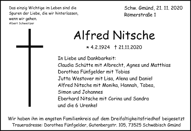  Traueranzeige für Alfred Nitsche vom 05.12.2020 aus Gmünder Tagespost