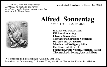 Traueranzeige von Alfred Sonnentag von Gmünder Tagespost