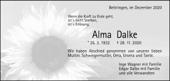Traueranzeige von Alma Dalke von Gmünder Tagespost