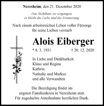 Traueranzeige von Alois Eiberger von Schwäbische Post