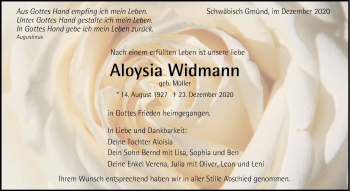Traueranzeige von Aloysia Widmann von Gmünder Tagespost