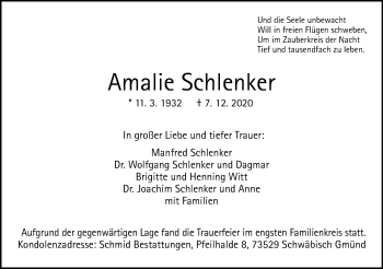 Traueranzeige von Amalie Schlenker von Gmünder Tagespost