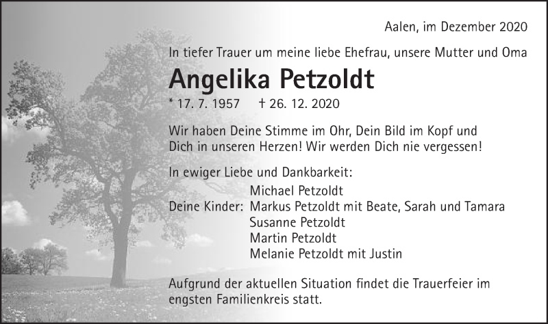  Traueranzeige für Angelika Petzoldt vom 31.12.2020 aus Schwäbische Post