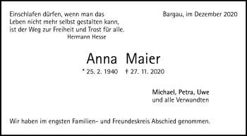 Traueranzeige von Anna Maier von Gmünder Tagespost