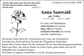 Traueranzeige von Anna Sanwald von Gmünder Tagespost