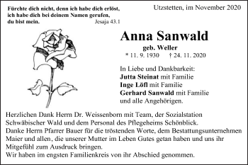 Traueranzeige von Anna Sanwald