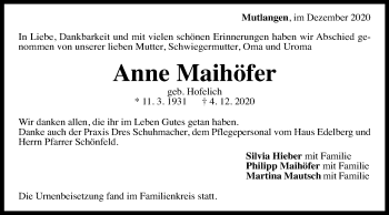 Traueranzeige von Anne Maihöfer von Gmünder Tagespost