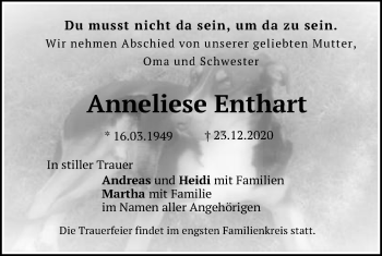 Traueranzeige von Anneliese Enthart von Schwäbische Post
