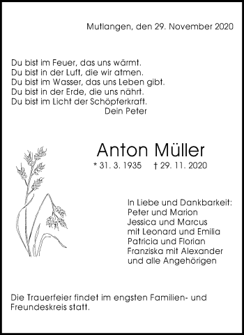Traueranzeige von Anton Müller von Gmünder Tagespost