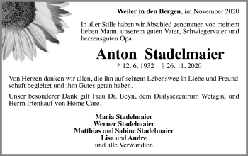Traueranzeige von Anton Stadelmaier von Gmünder Tagespost