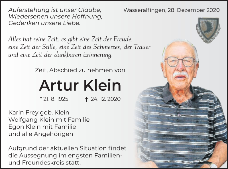 Traueranzeige für Artur Klein vom 28.12.2020 aus Schwäbische Post