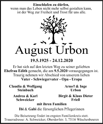 Traueranzeige von August Urbon von Gmünder Tagespost