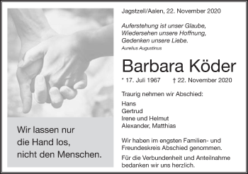 Traueranzeige von Barbara Köder von Schwäbische Post