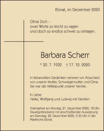 Traueranzeige von Barbara Scherr von Schwäbische Post