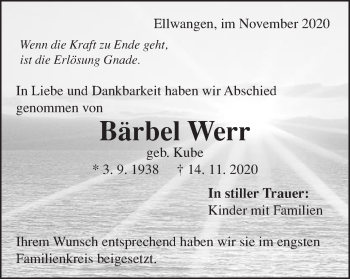 Traueranzeige von Bärbel Werr von Schwäbische Post